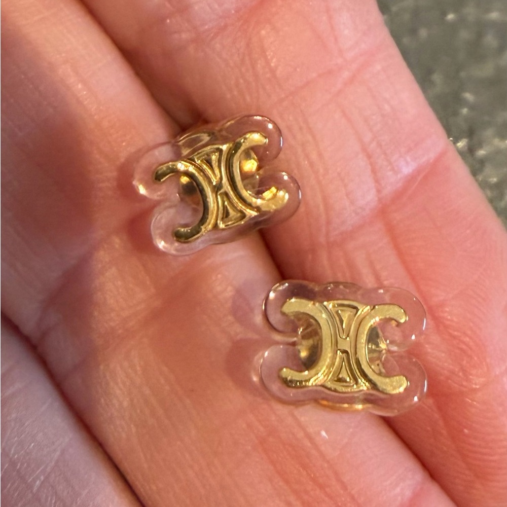Celine Gold and Acrylic Logo Stud Earrings - Picture 2 of 3